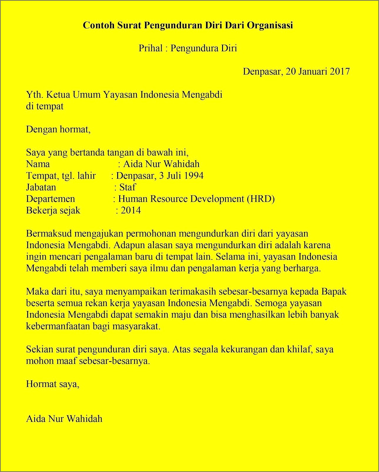 Contoh Surat Pengunduran Diri Disertai Kewajiban Perusahaan