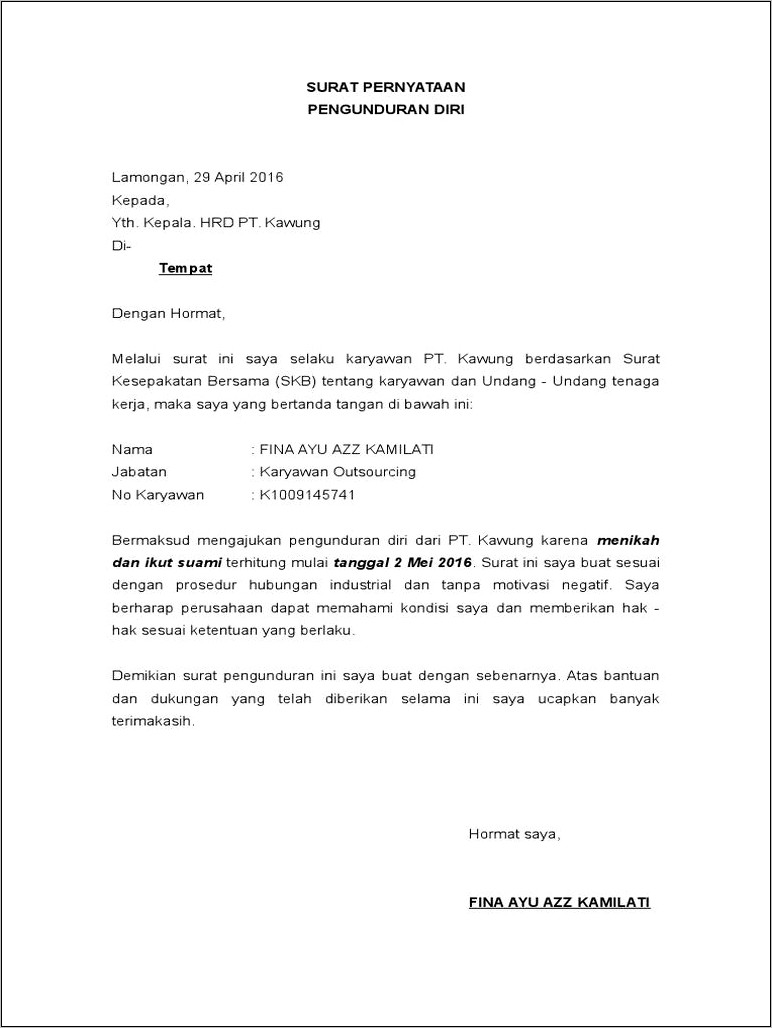 Contoh Surat Pengunduran Diri Diterima Di Perusahaan Lain