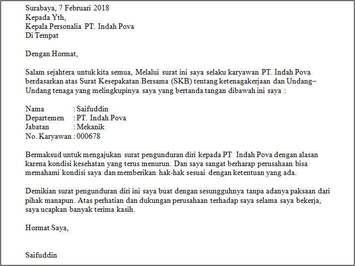 Contoh Surat Pengunduran Diri Karena Diterima Di Perusahaan Lain