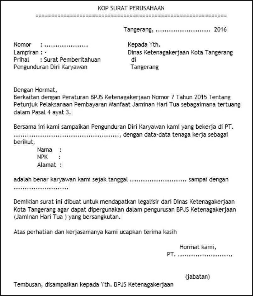 Contoh Surat Pengunduran Diri Ke Dinas Ketenagakerjaan