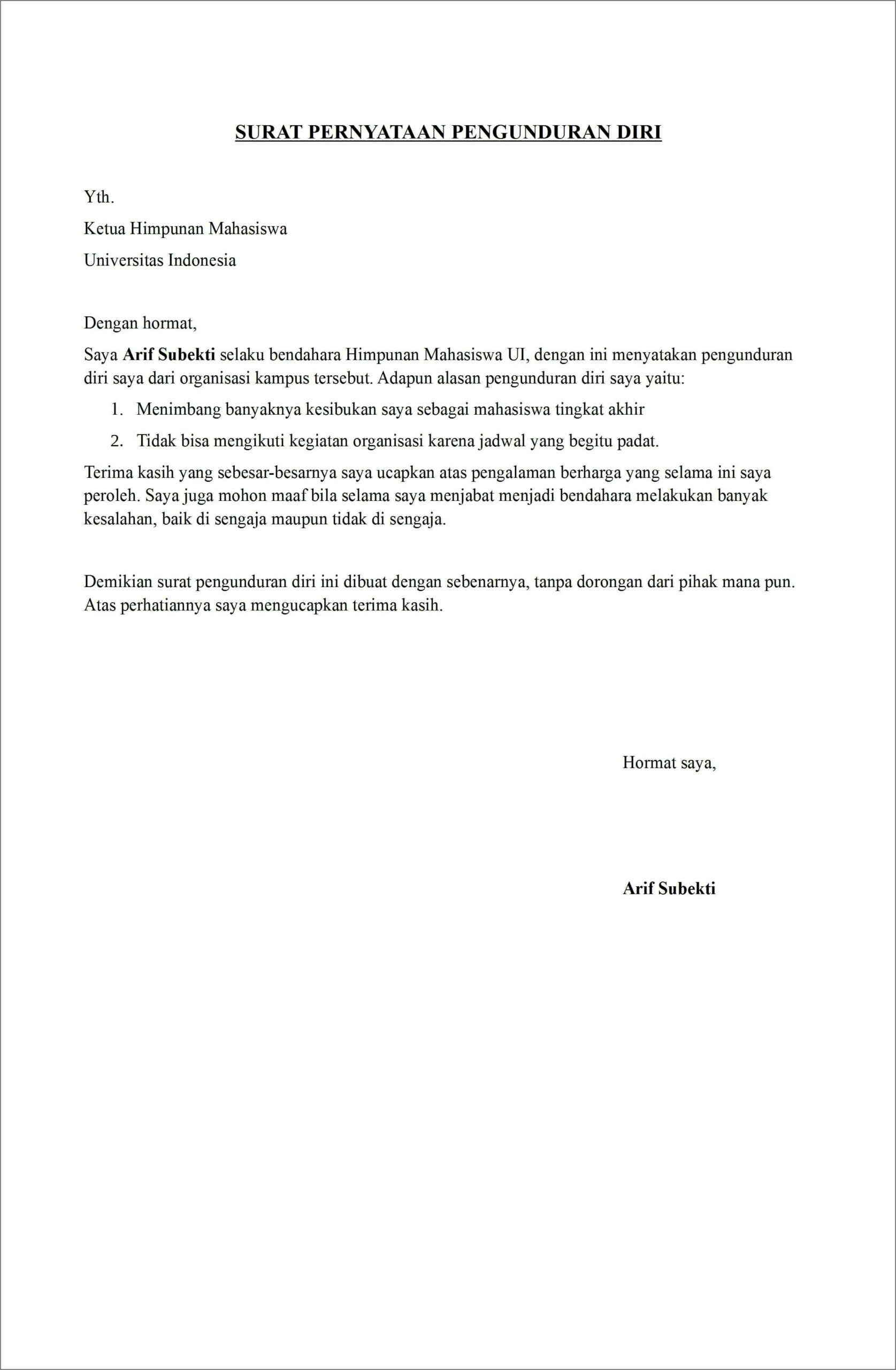 Contoh Surat Pengunduran Diri Sebagai Direktur Perusahaan