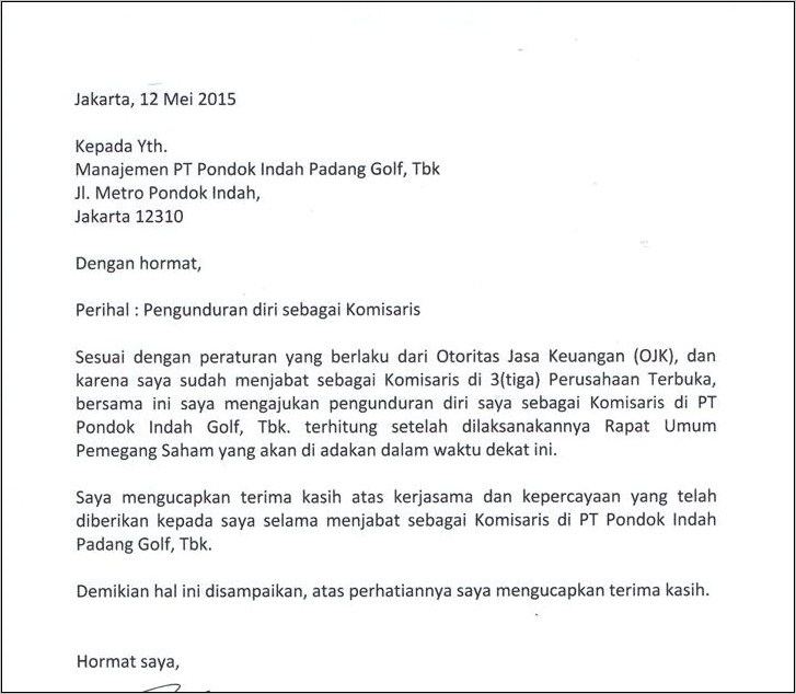 Contoh Surat Pengunduran Diri Sebagai Komisaris Perusahaan