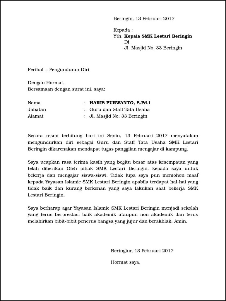 Contoh Surat Pengunduran Diri Untuk Ke Dinas