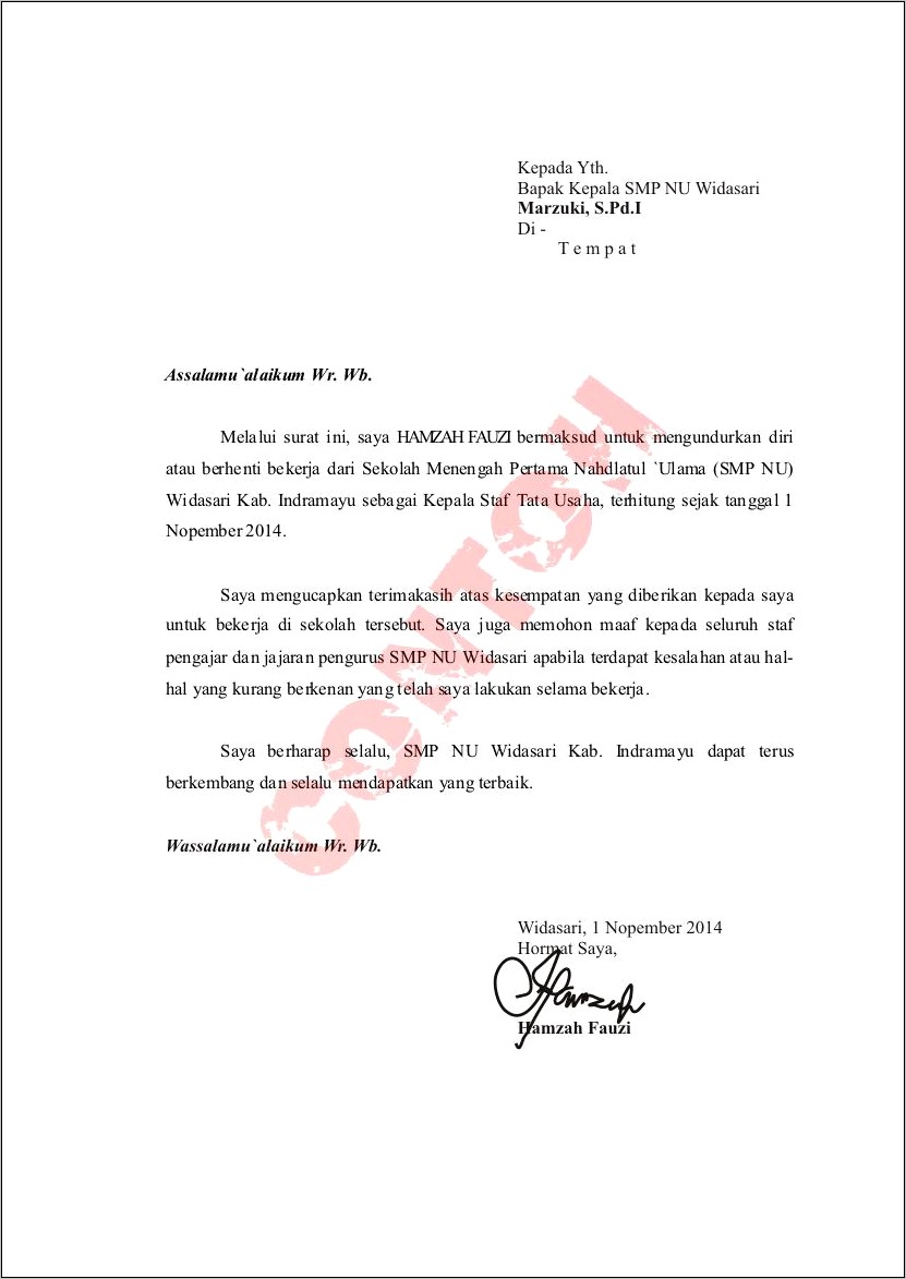 Contoh Surat Pengunduran Diri Untuk Kepala Dinas