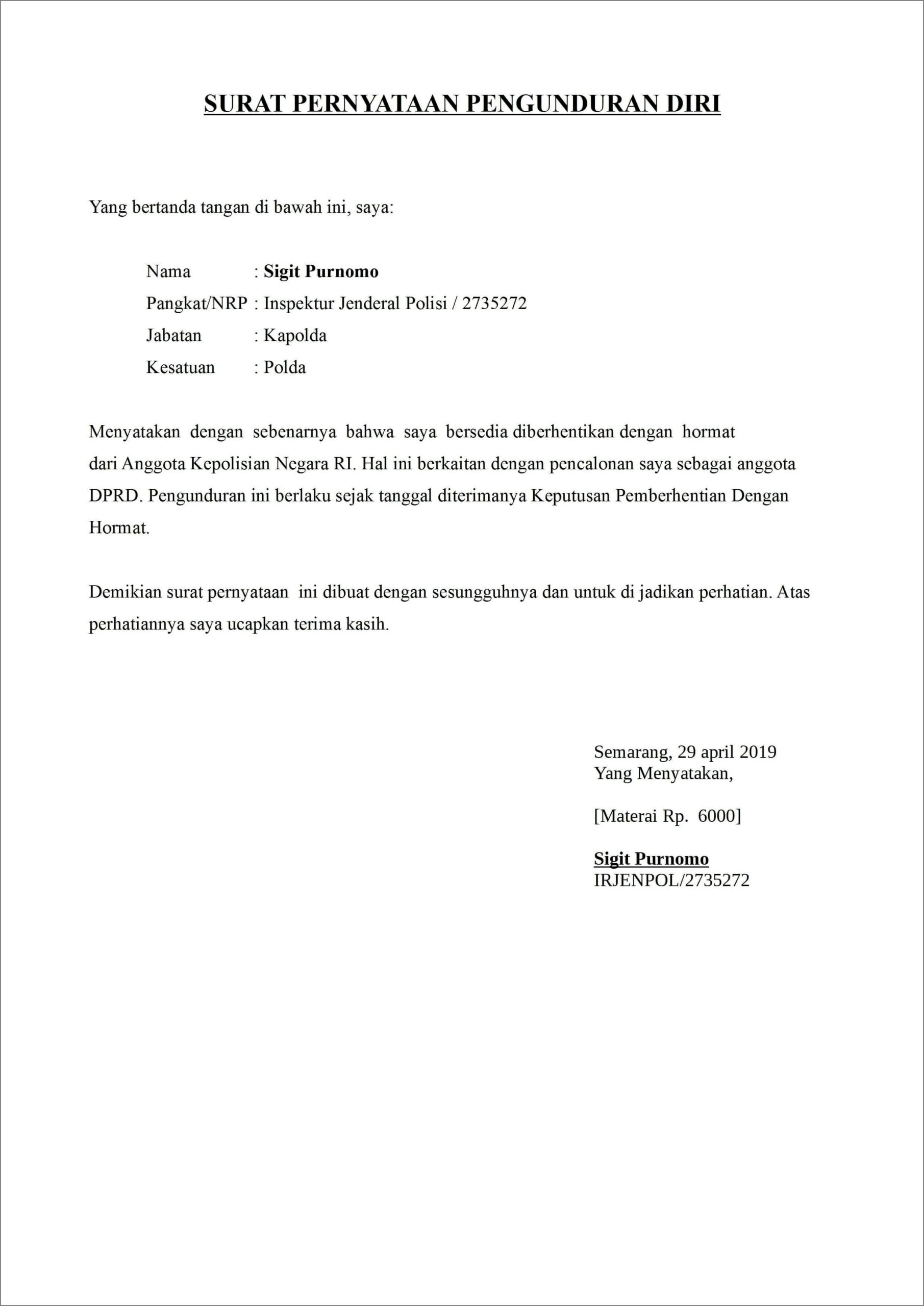 Contoh Surat Pengunduran Diri Untuk Perusahaan