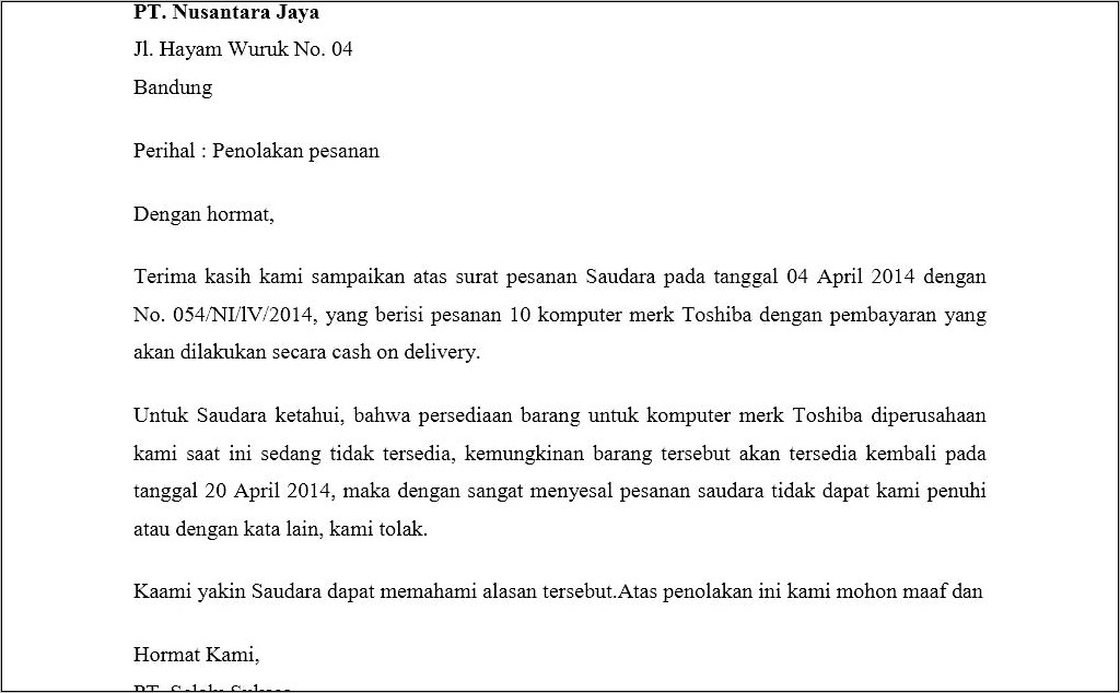 Contoh Surat Penolakan Kerjasama Perusahaan