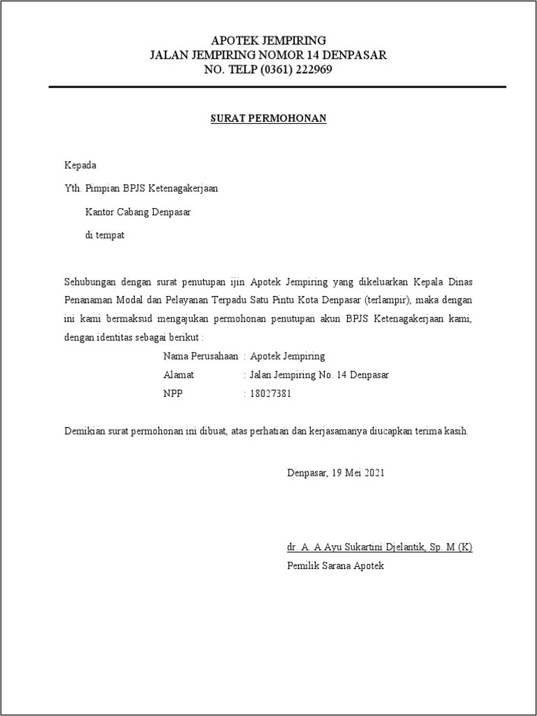 Contoh Surat Penutupan Bpjs Kesehatan Perusahaan