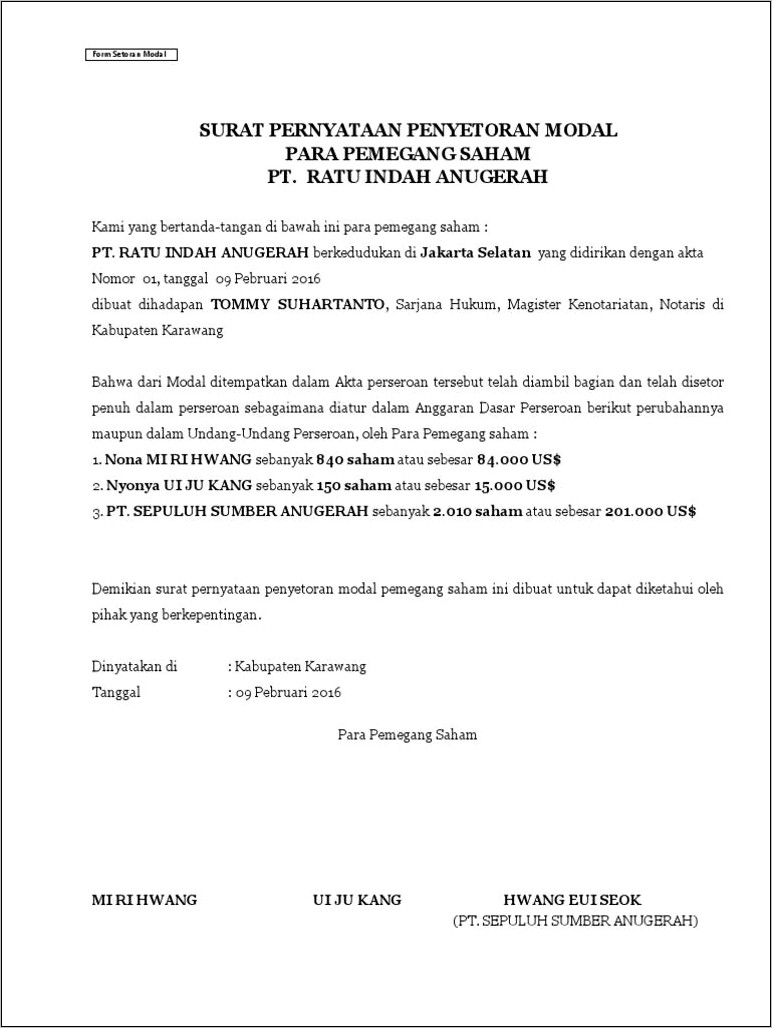 Contoh Surat Penyerahan Modal Usaha