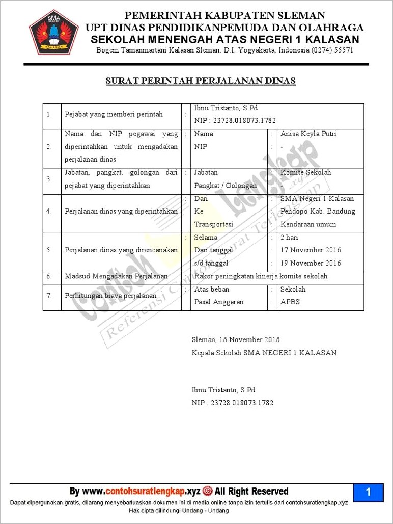 Contoh Surat Perintah Perjalanan Dinas Keluar Negeri