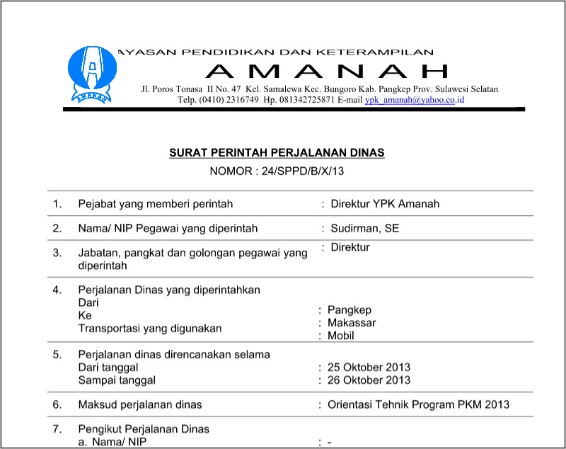 Contoh Surat Perintah Perjalanan Dinas Sppd