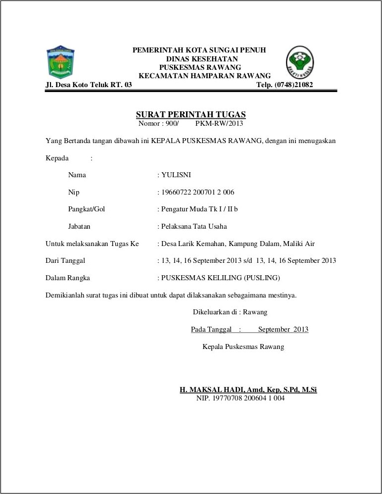 Contoh Surat Perintah Tugas Dinas Keluar Kota