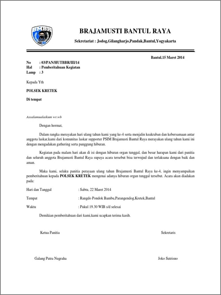 Contoh Surat Perizinan Acara Ke Polisi