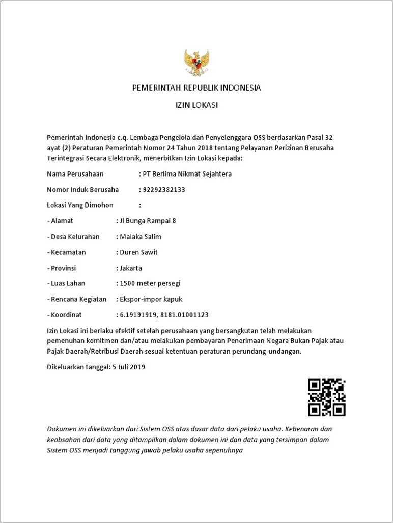 Contoh Surat Perizinan Lokasi