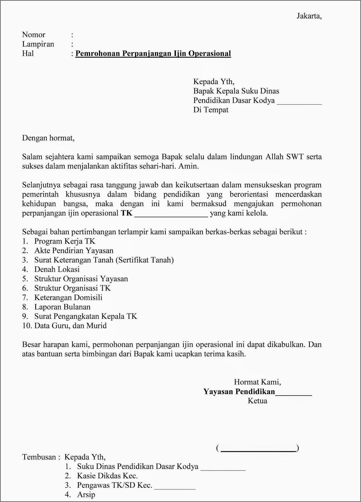 Contoh Surat Perizinan Tempat Usaha