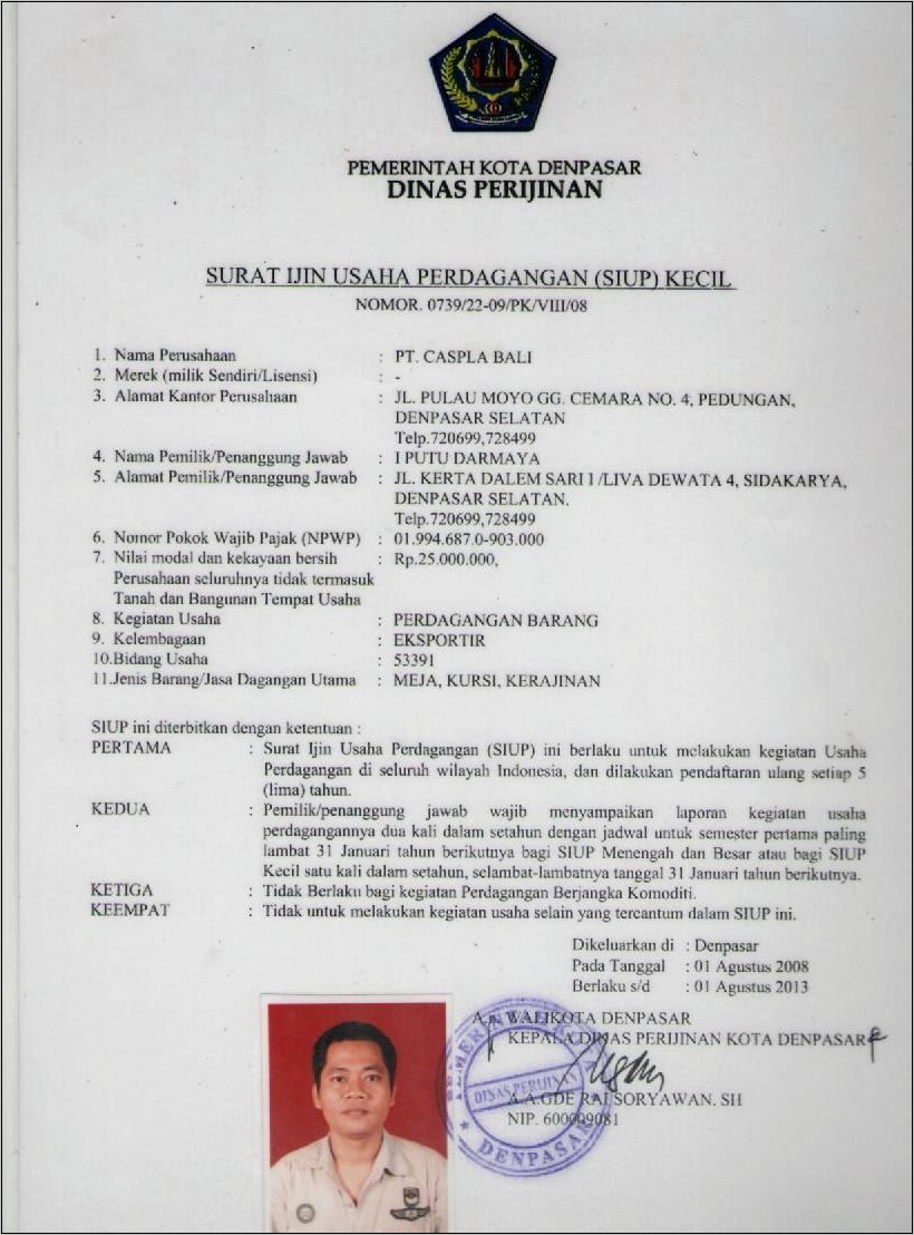 Contoh Surat Perizinan Usaha Perdagangan