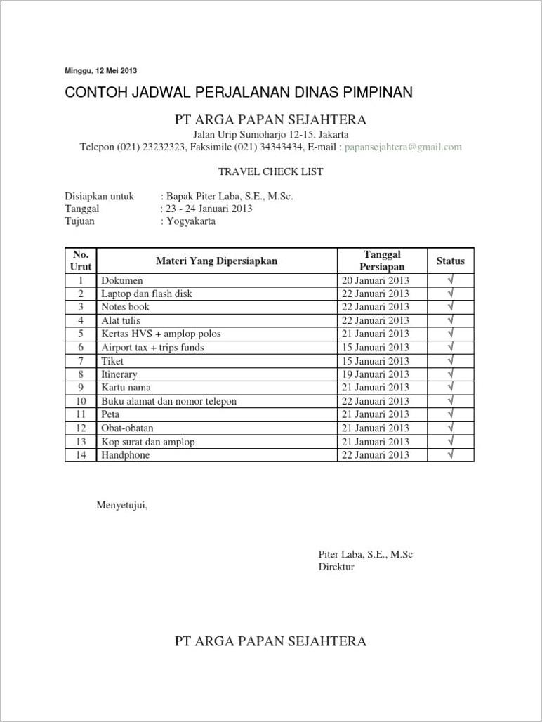 Contoh Surat Perjalanan Dinas Pimpinan Perusahaan