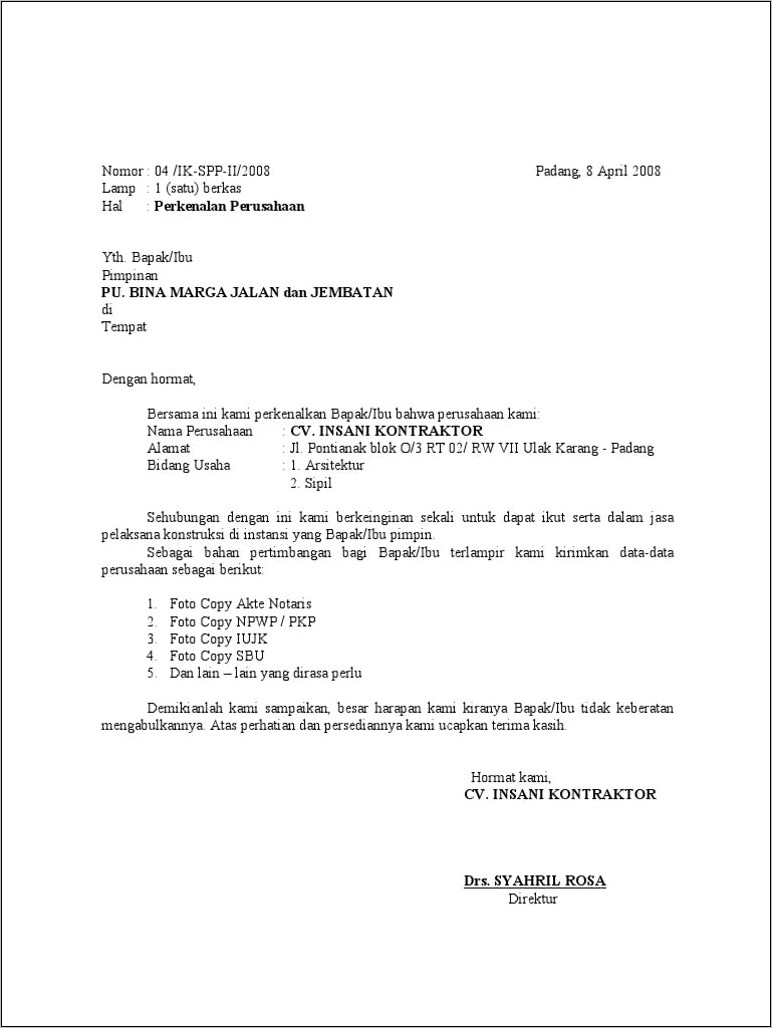 Contoh Surat Perkenalan Perusahaan Percetakan