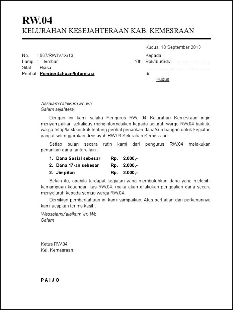 Contoh Surat Permintaan Iuran Sumbangan Undangan Hut Ri 72