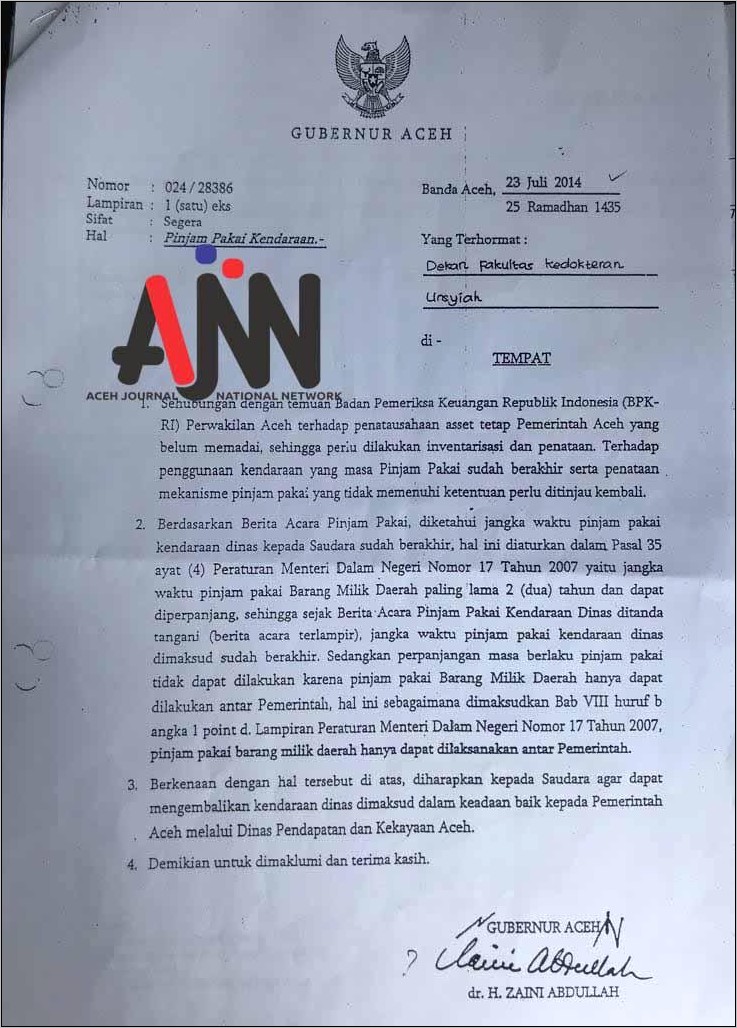 Contoh Surat Permintaan Pemakaian Kendaraan Dinas Operasional