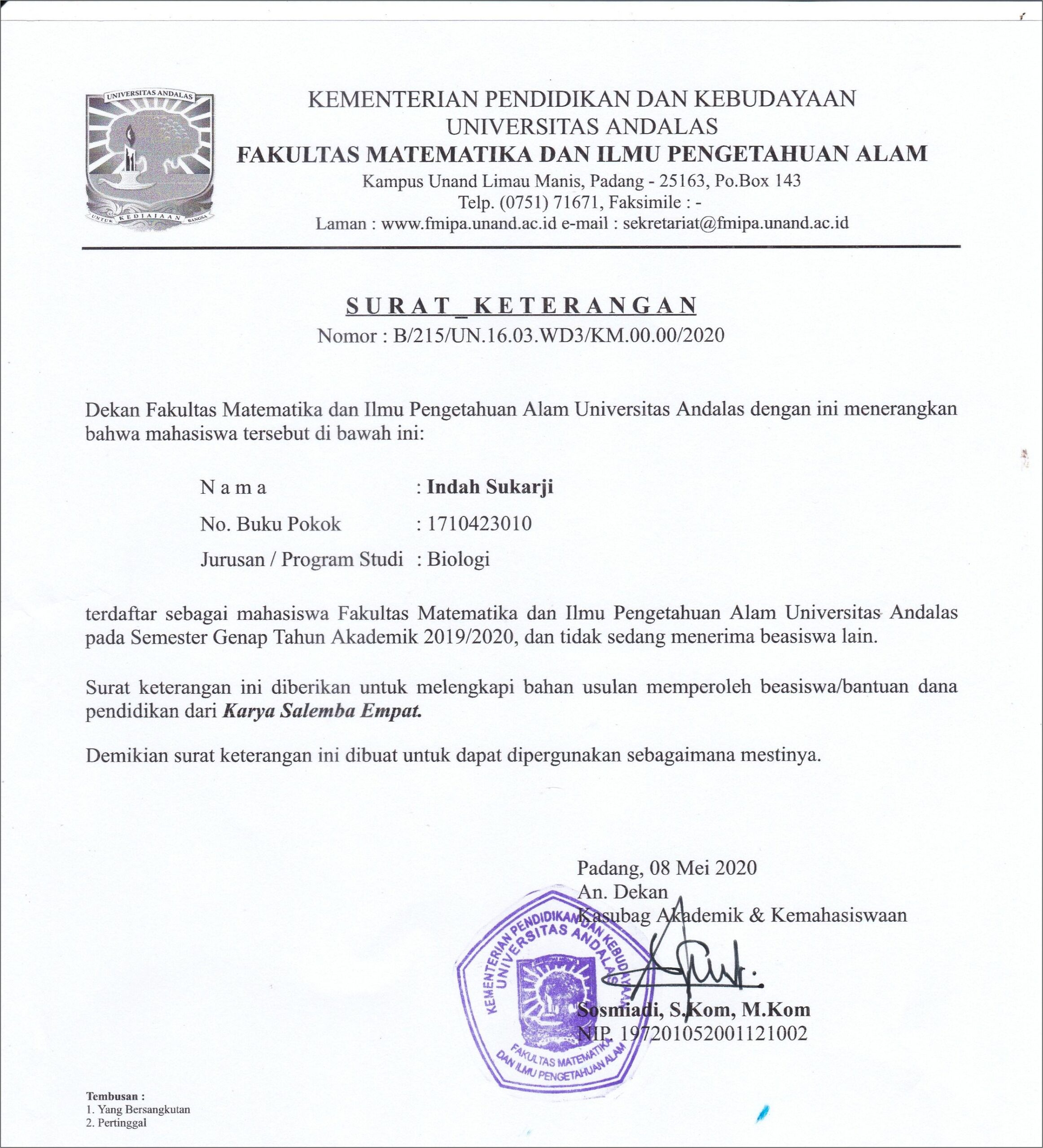 Contoh Surat Permohonan Penurunan Ukt Unand