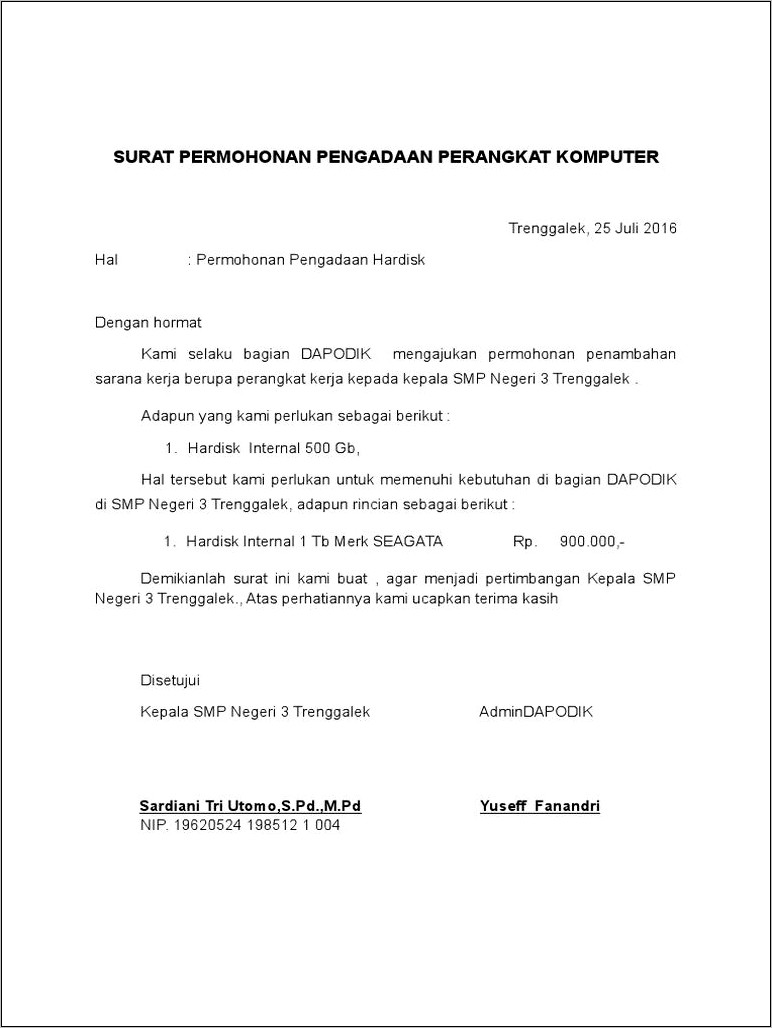 Contoh Surat Permohonan Peralatan Komputer