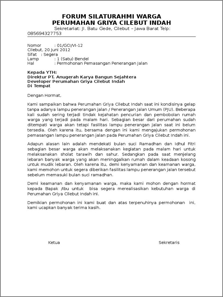 Contoh Surat Permohonan Perbaikan Prasarana