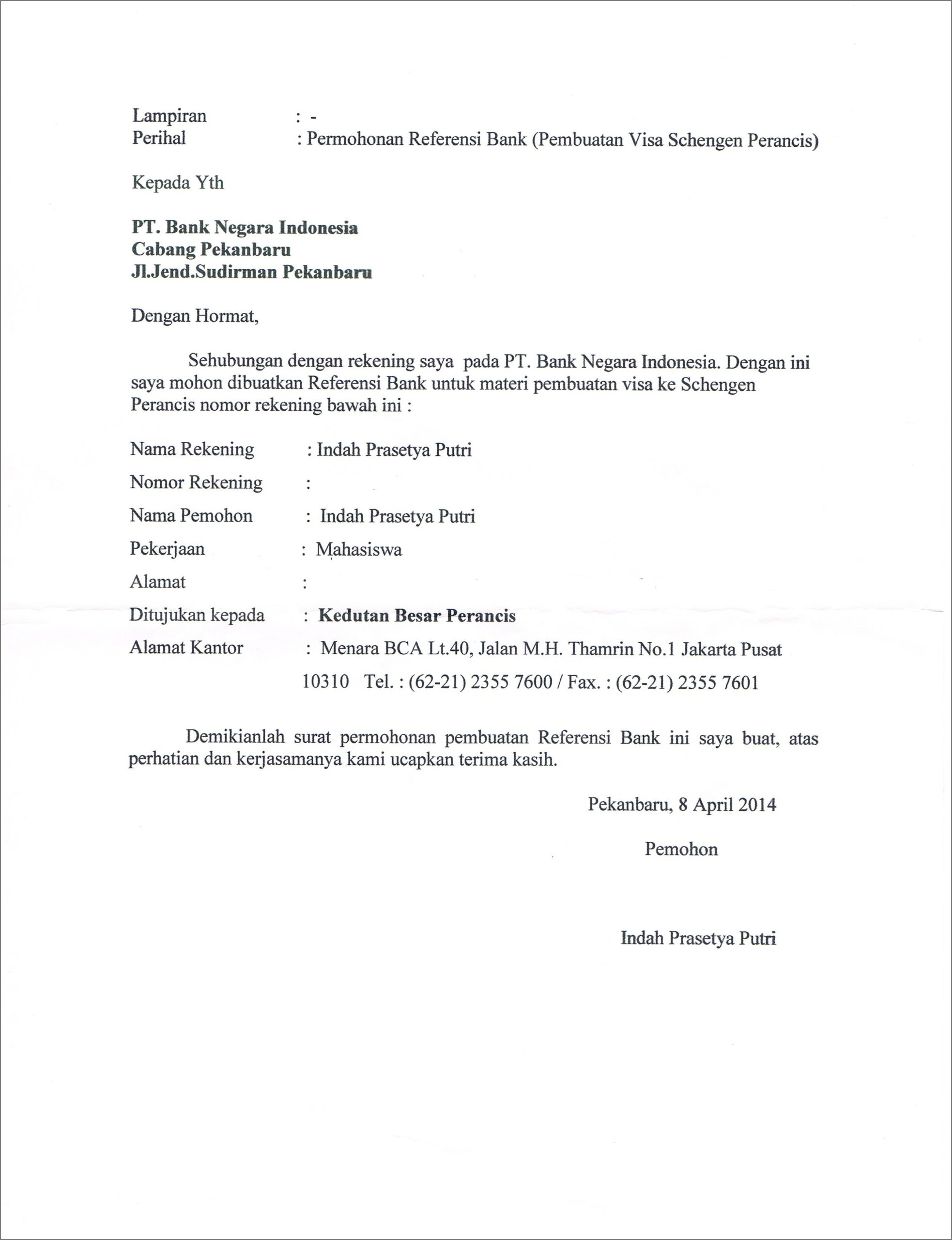 Contoh Surat Permohonan Permintan Referensi Ke Bank