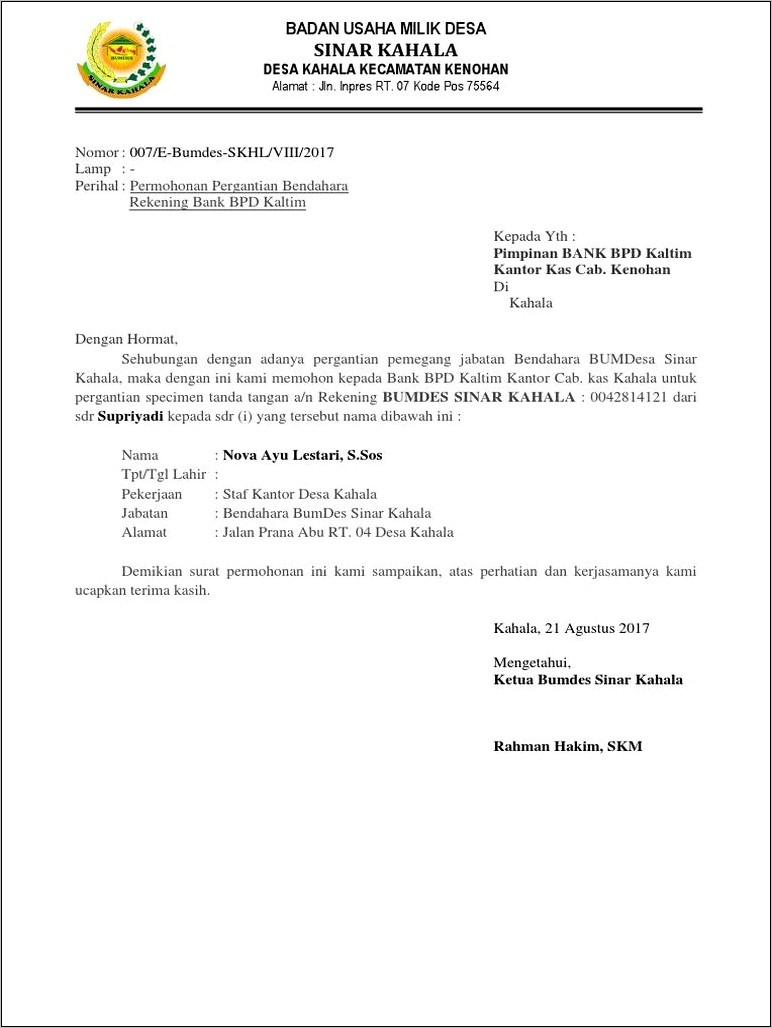 Contoh Surat Permohonan Perubahan Specimen Rekening Bank