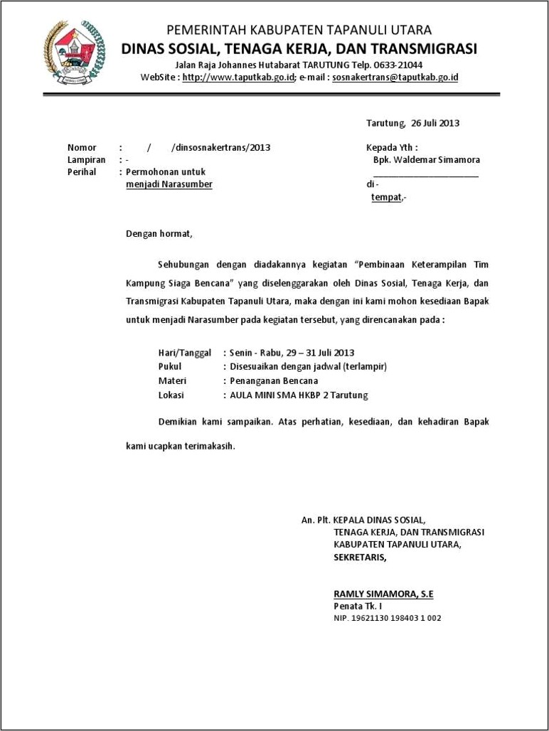 Contoh Surat Permohonan Peserta Kegiatan