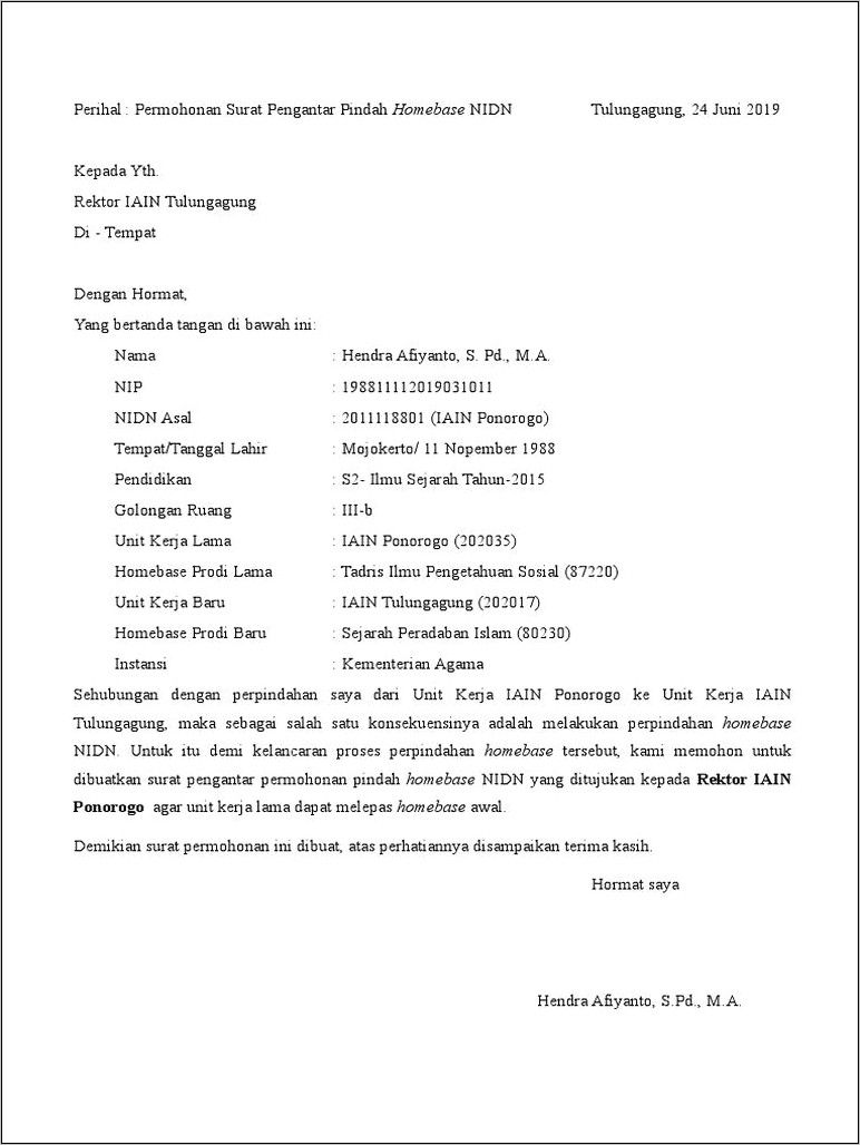 Contoh Surat Permohonan Pindah Homebase