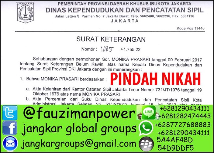 Contoh Surat Permohonan Pindah Nikah