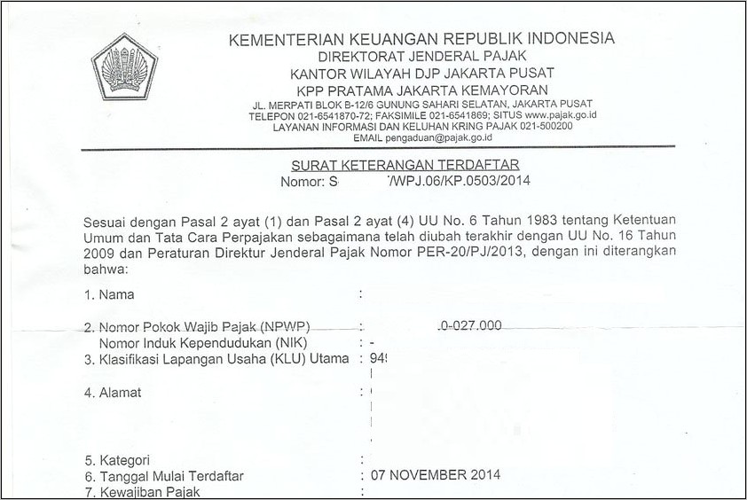 Contoh Surat Permohonan Pkp Jakarta Pusat