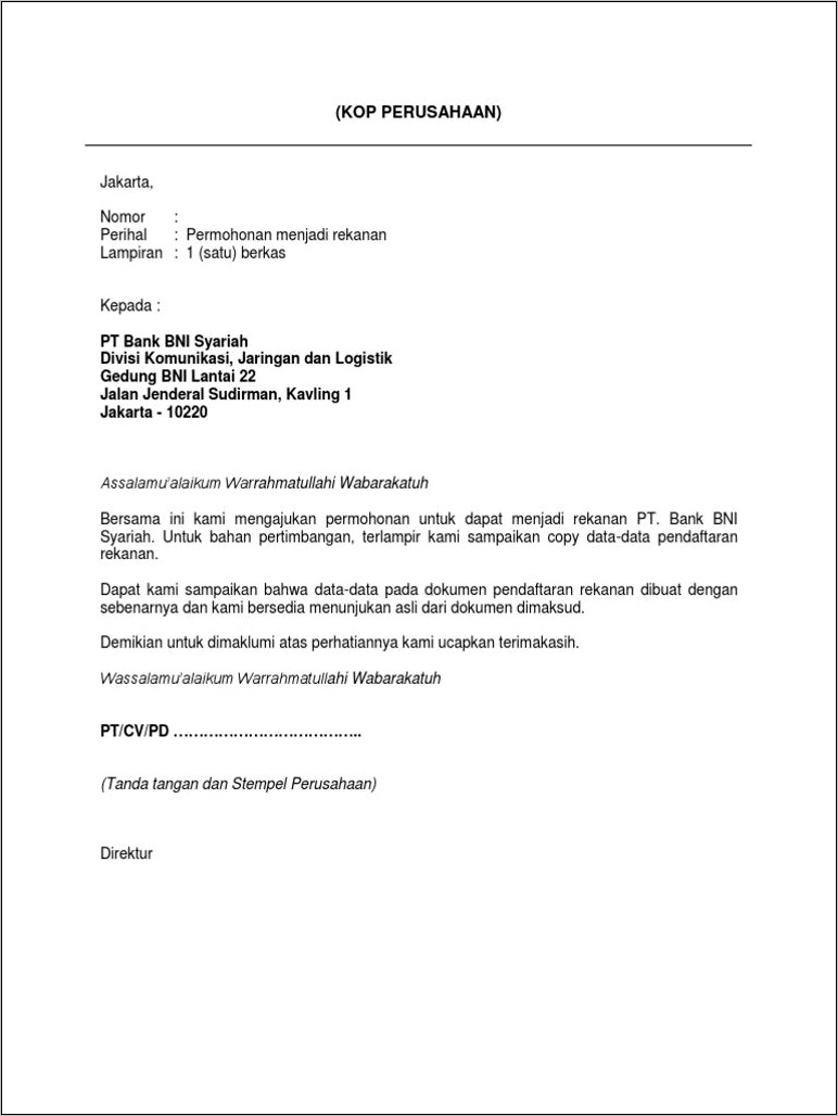 Contoh Surat Permohonan Pks Ke Bank Bni