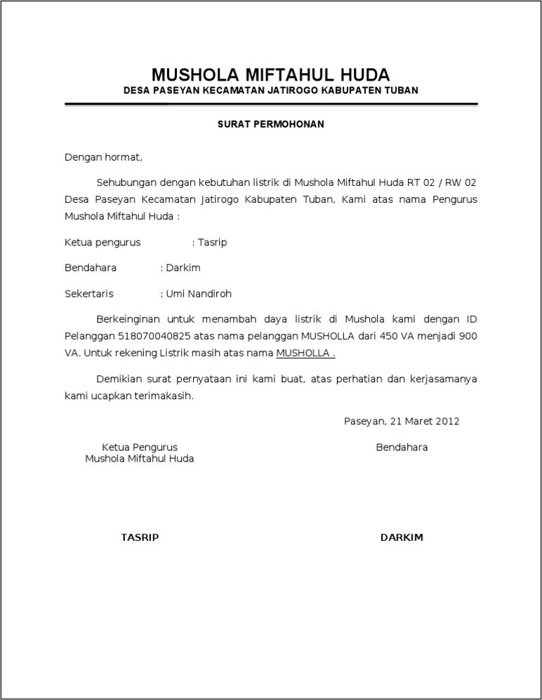 Contoh Surat Permohonan Print Out Pembayaran Listrik