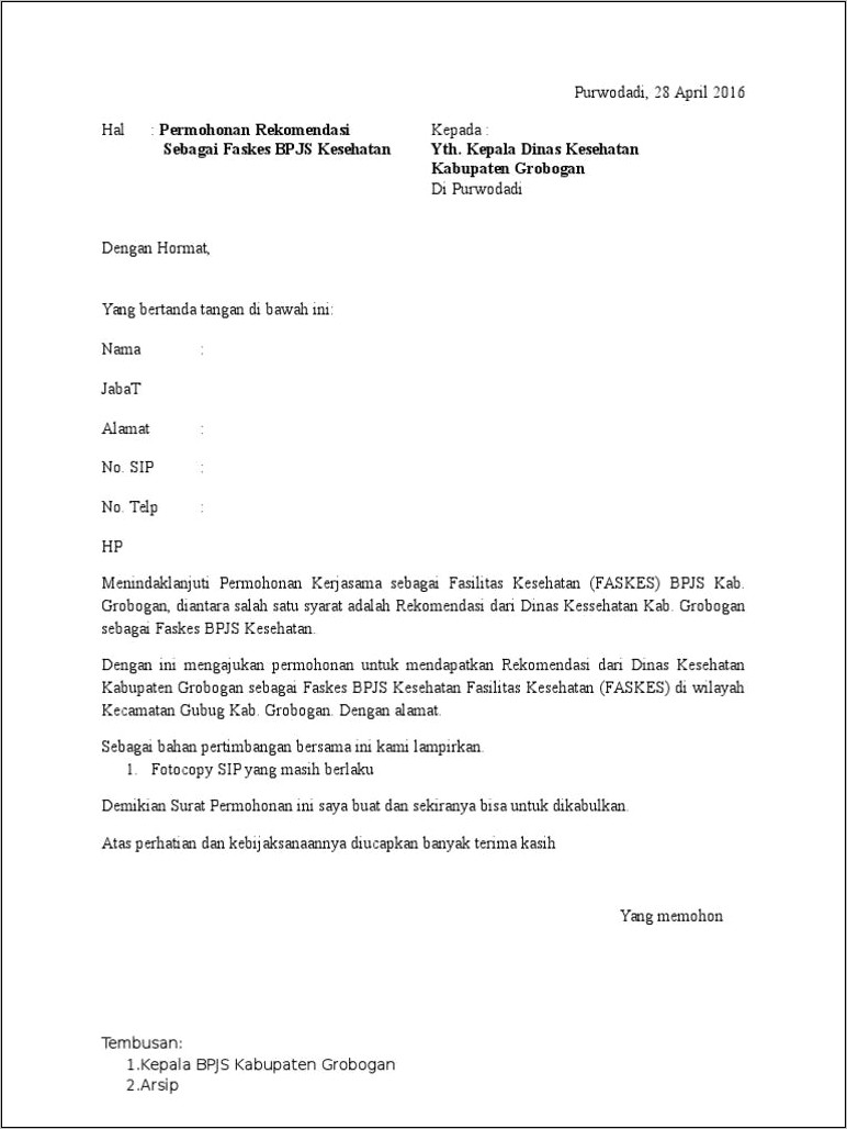Contoh Surat Permohonan Registrasi Faskes Bpjs