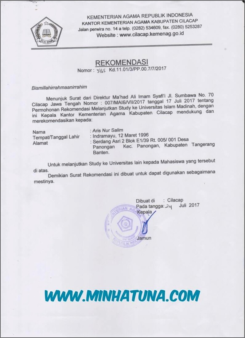 Contoh Surat Permohonan Rekom Daftar Ke Sekolah Luar Jawa