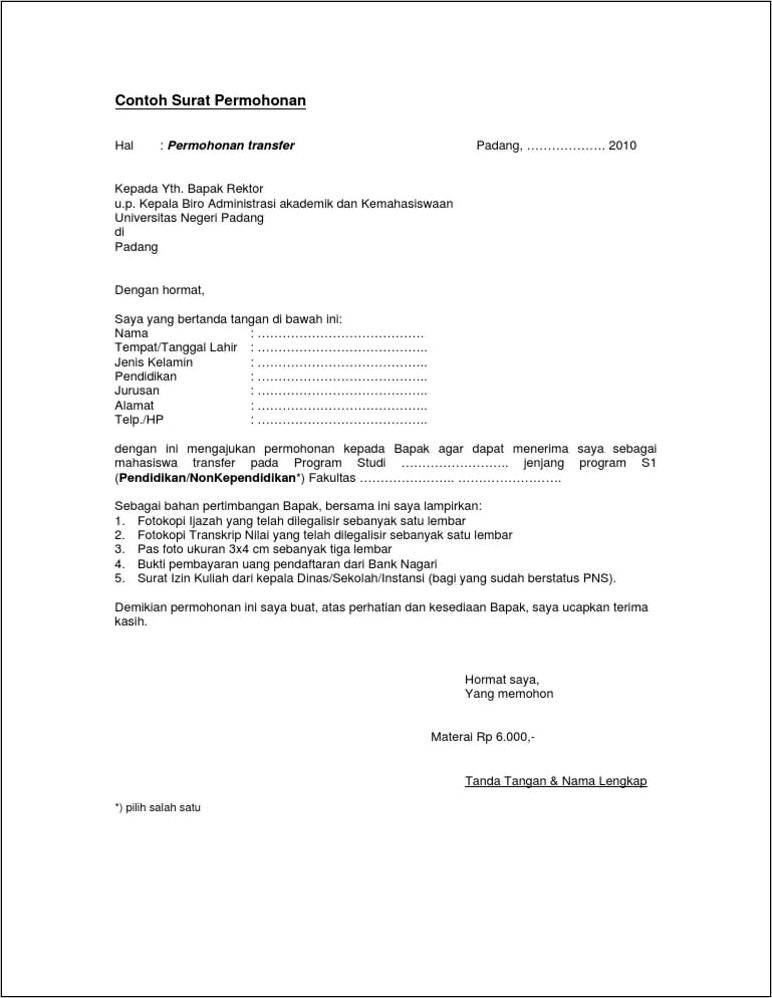Contoh Surat Permohonan Rekomendasi Pindah Homebase