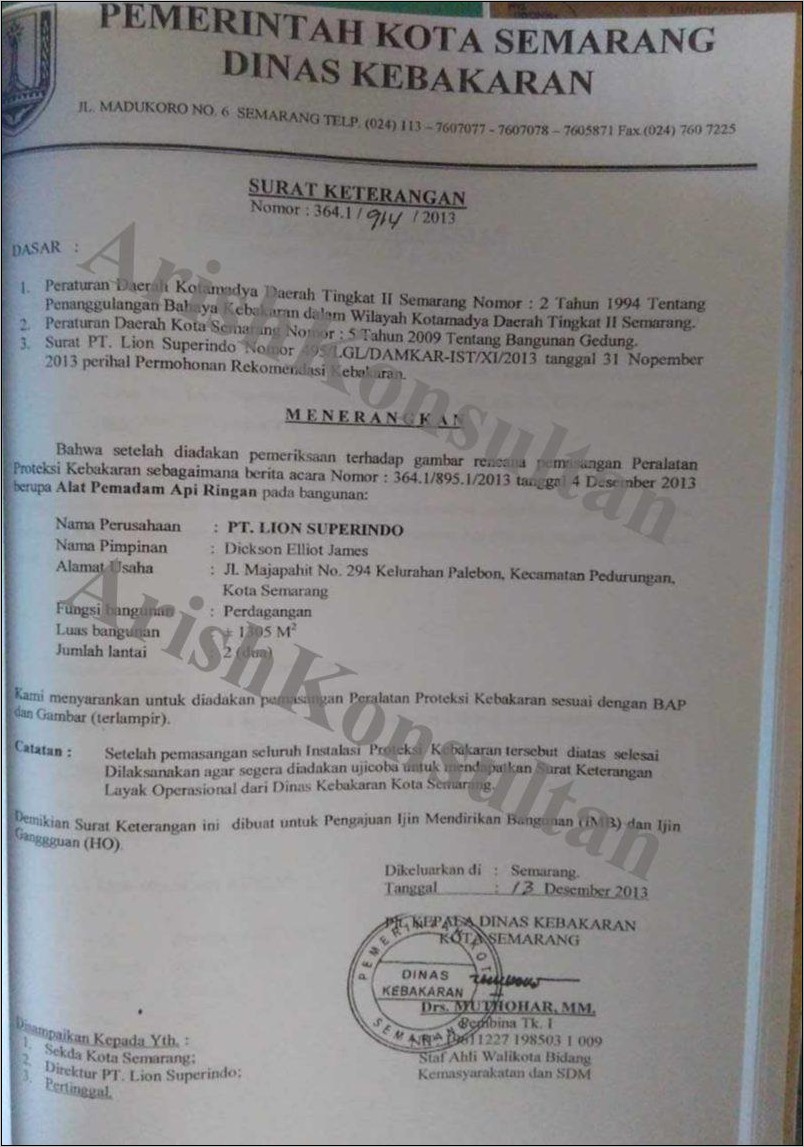 Contoh Surat Permohonan Rekomendasi Proteksi Kebakaran