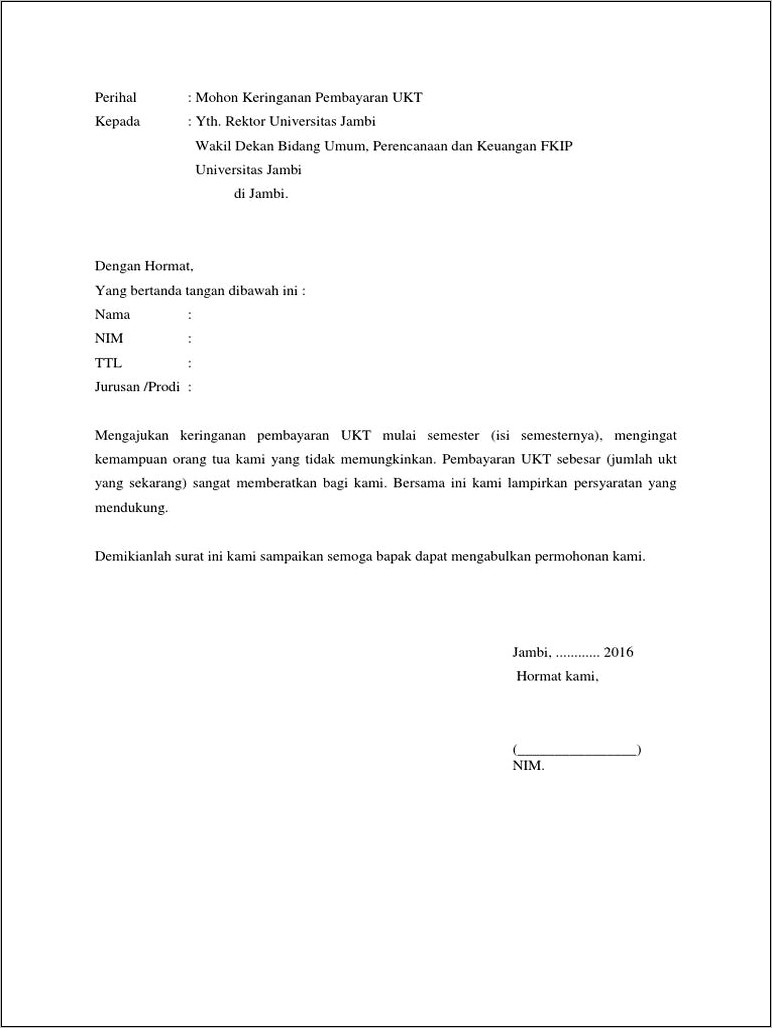 Contoh Surat Permohonan Revisi Ukt Unri