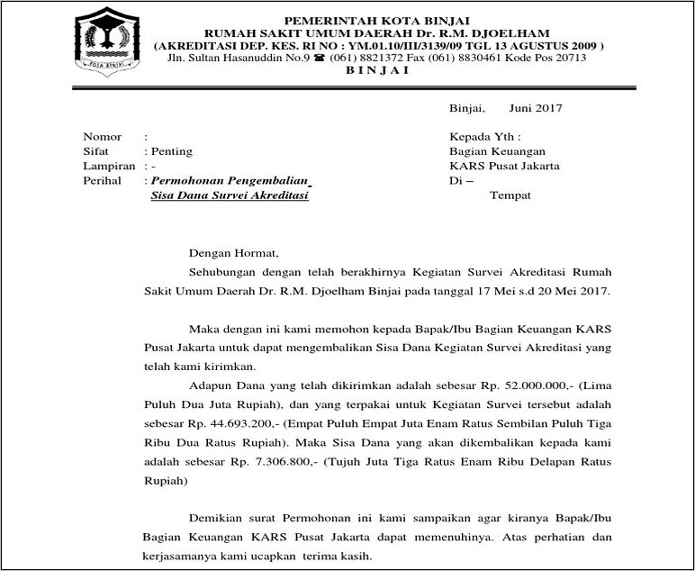 Contoh Surat Permohonan Survei Akreditasi Kars