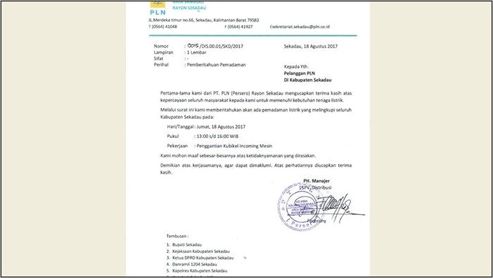 Contoh Surat Permohonan Tidak Ada Padaman Listrik