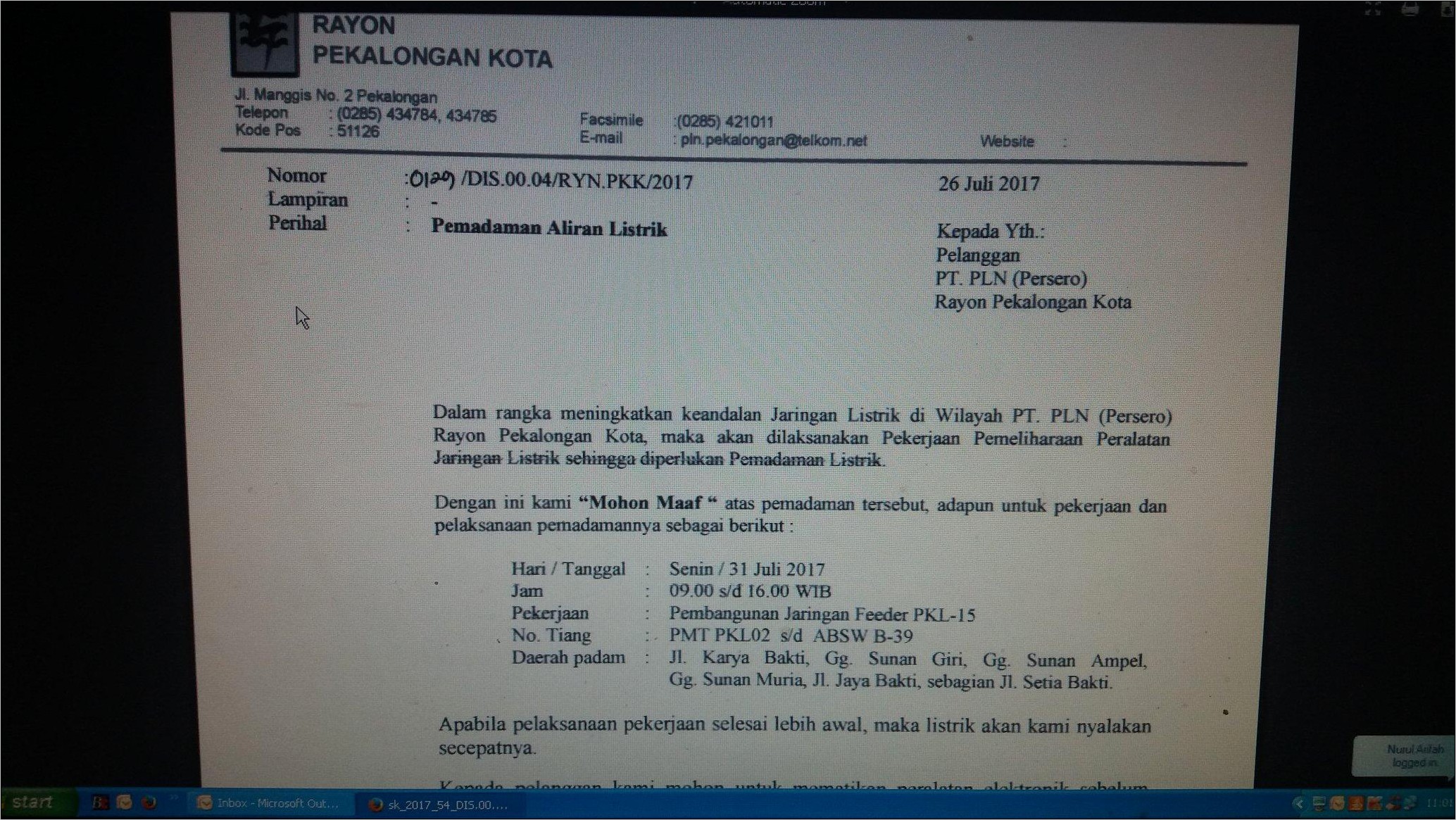 Contoh Surat Permohonan Tidak Ada Pemadaman Listrik Pln