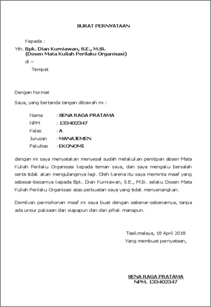 Contoh Surat Permohonan Tidak Pernah Dipidana Doc