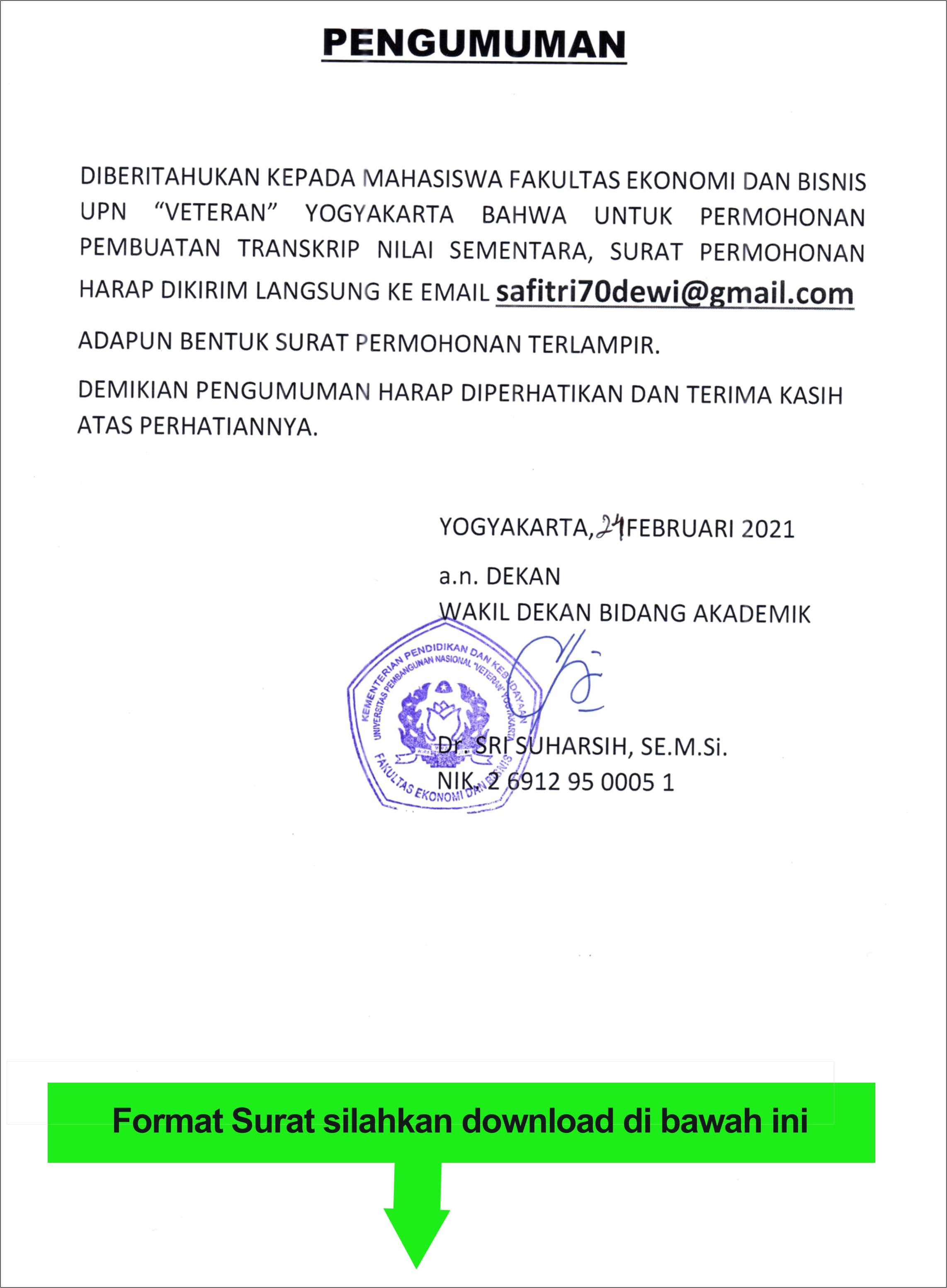 Contoh Surat Permohonan Transkip Nilai