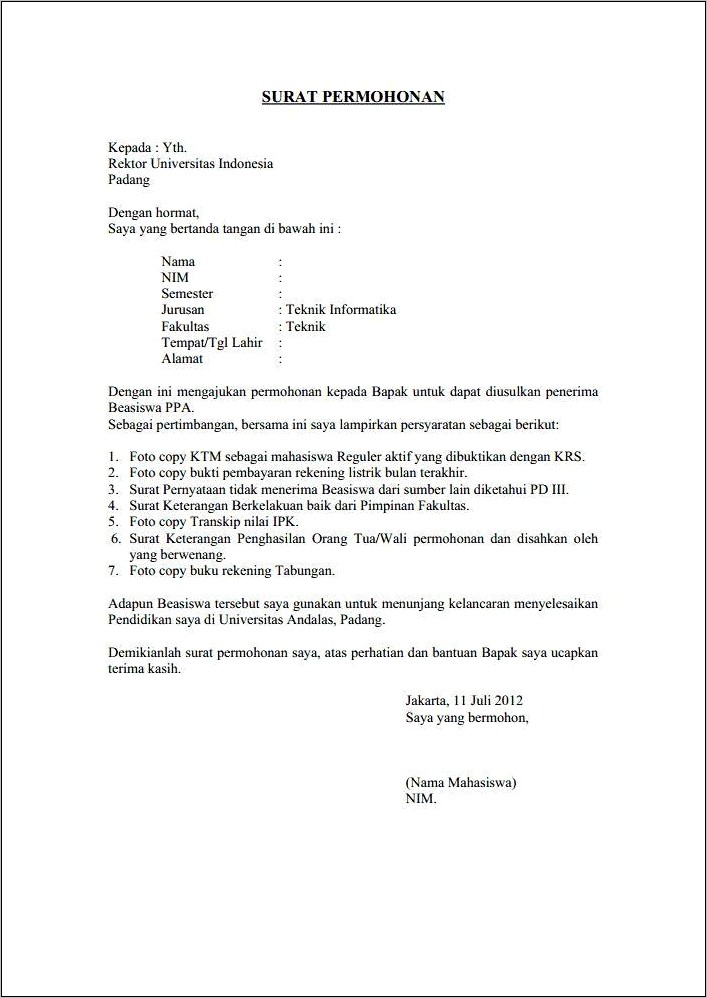 Contoh Surat Permohonan Transkrip Nilai Hilang Ke Dekan Universitas Indonesia