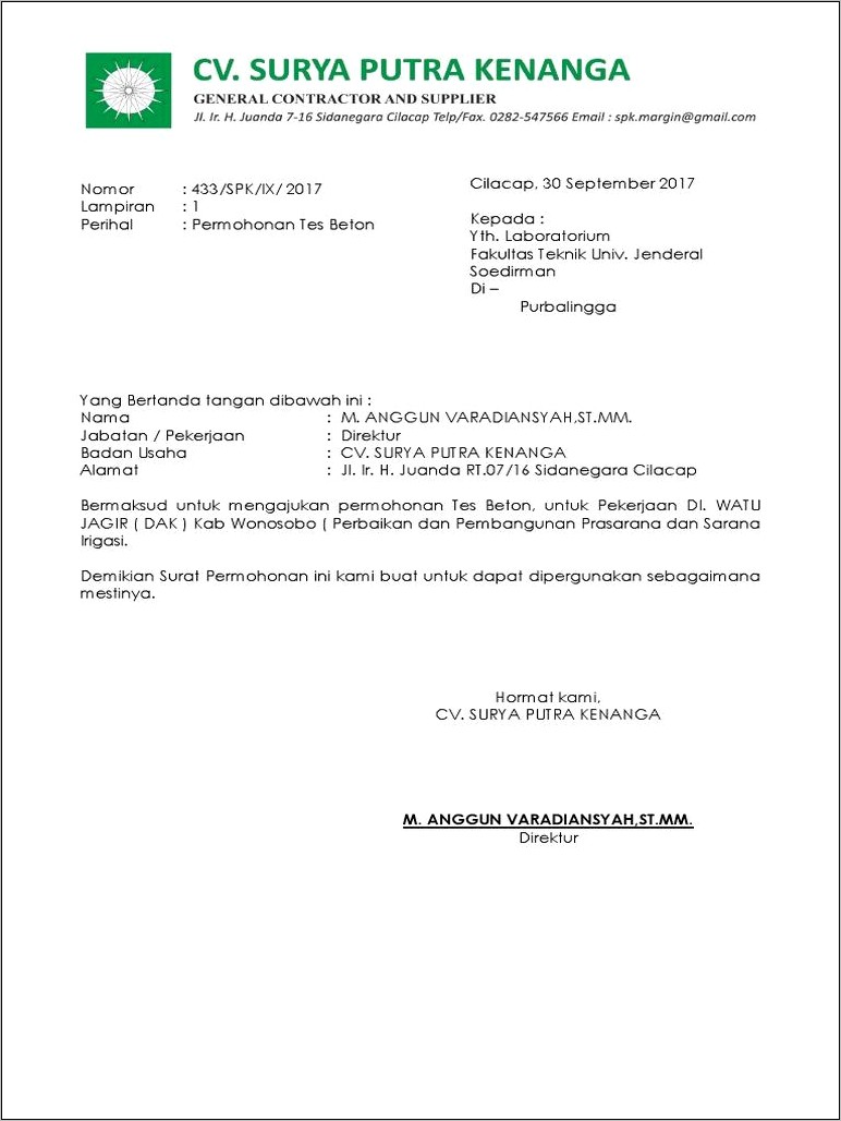 Contoh Surat Permohonan Uji Lab Air