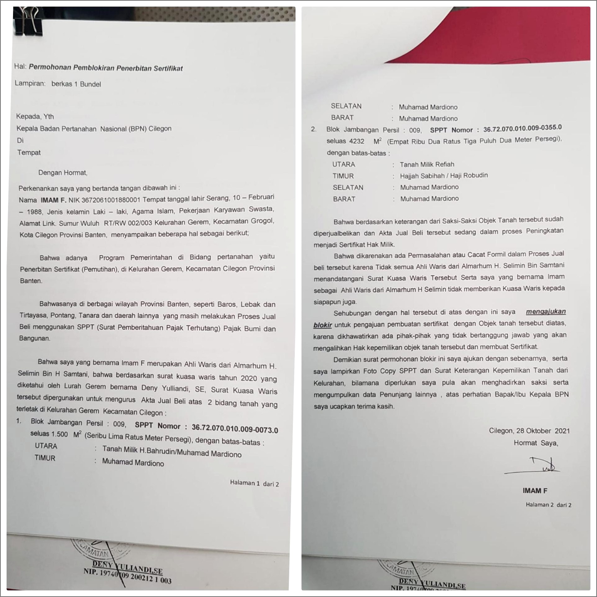 Contoh Surat Permohonan Warisan No Persil