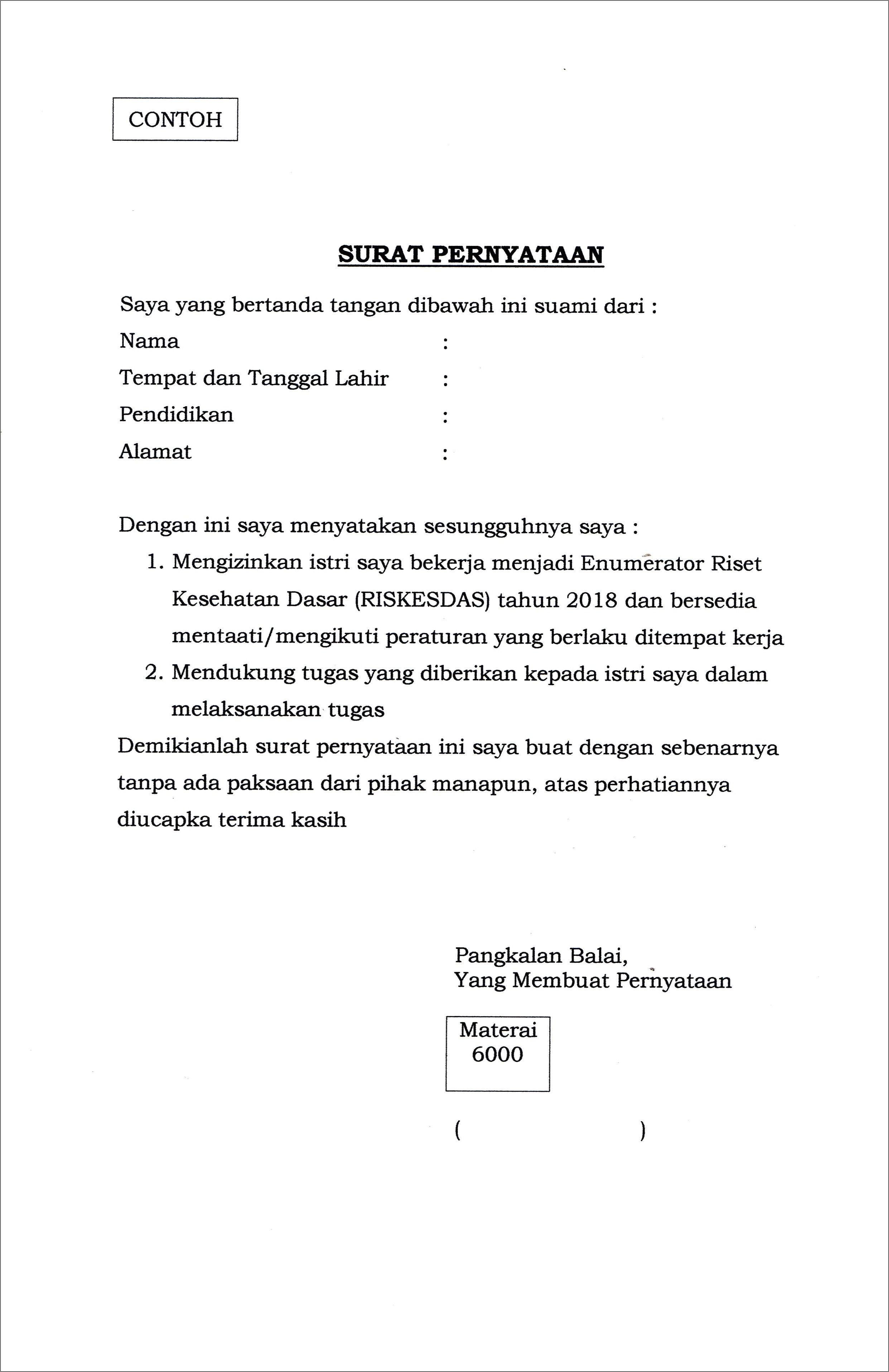 Contoh Surat Pernyataan Penerimaan Tpp