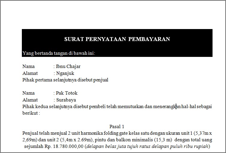 Contoh Surat Pernyataan Pengembagian Uang Dari Pihak Penyelengga Seminar