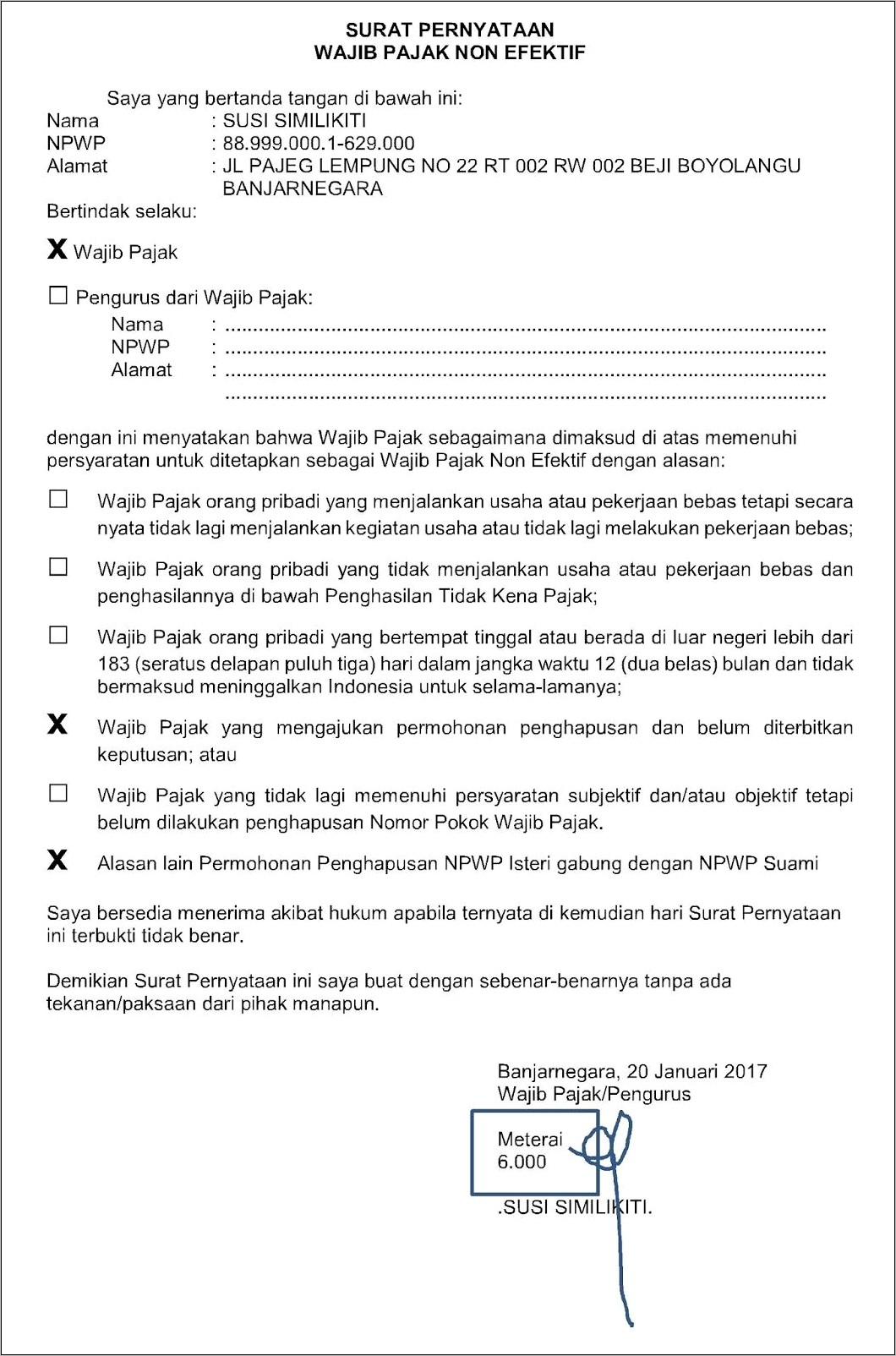 Contoh Surat Pernyataan Penghapusan Membership Fee